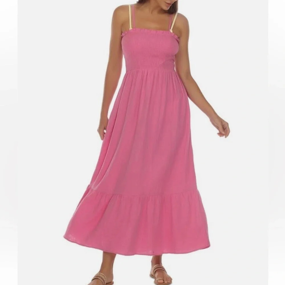 Raviya Womens XL Smocked Cotton Maxi Dress Swimsuit Cover Up in Cove Pink 184